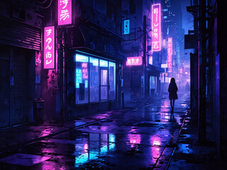 Atmospheric anime urban night scene, glowing neon signage reflecting on wet pavement, tall silhouettes of buildings fading into mist, vibrant color palette of purple and blue creating