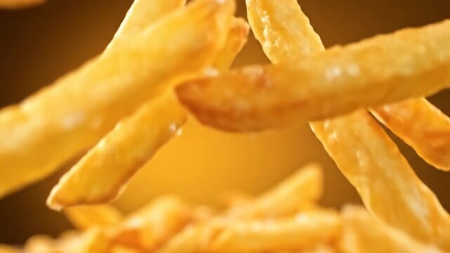 Pile of Golden French Fries With Salt Under Warm Yellow Light in a Restaurant Kitchen at Noon