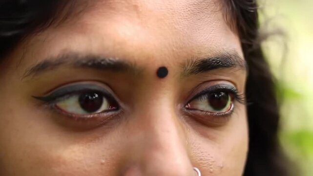 Eyes of a woman with a bindi stare peacefully amidst greenery, nostril piercing visible