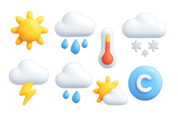 3d weather icons set: sun, rain, clouds, snow, and temperature elements