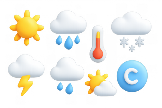3d weather icons set: sun, rain, clouds, snow, and temperature elements