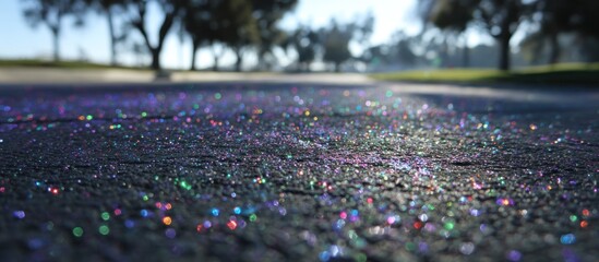 Glittering asphalt road under sunlight, trees in background