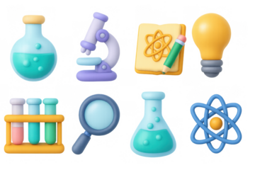 Colorful 3d science icons featuring microscope, lab equipment, and creative elements