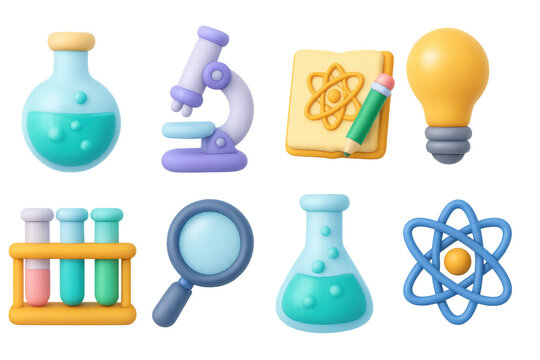 Colorful 3d science icons featuring microscope, lab equipment, and creative elements