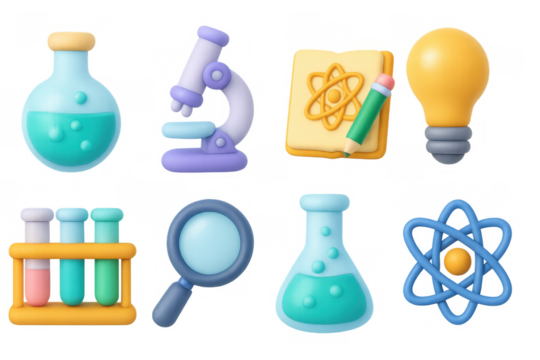 Colorful 3d science icons featuring microscope, lab equipment, and creative elements