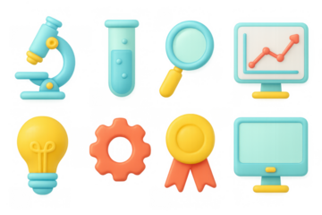 Colorful 3d cartoon science and research icons for innovative education and technology