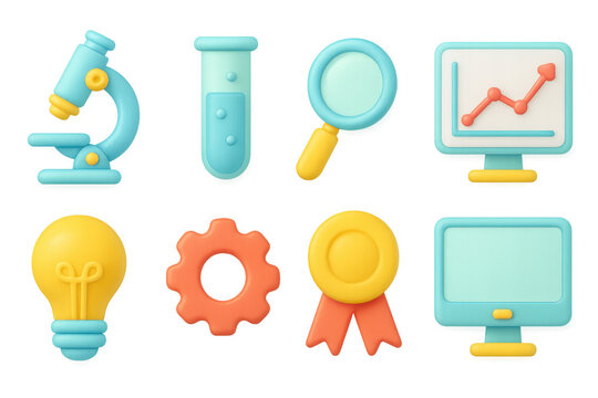 Colorful 3d cartoon science and research icons for innovative education and technology - Powered by Adobe