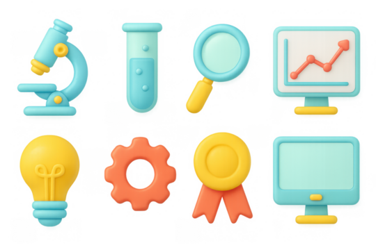 Colorful 3d cartoon science and research icons for innovative education and technology