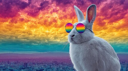 Colorful scene with cool bunny in sunglasses concept. A cool rabbit wearing rainbow sunglasses against a vibrant sunset.