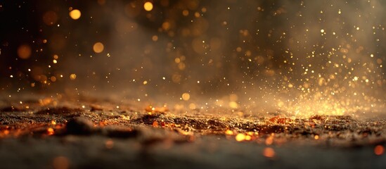 Golden dust particles shimmering above earthy ground, hazy background