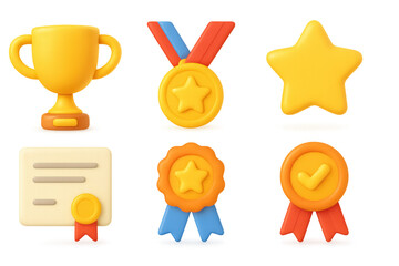 3d reward icons: trophies, medals, stars, and certificates collection