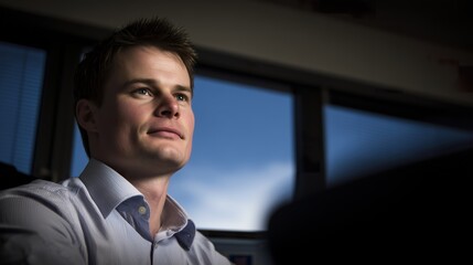 formal. Focused male professional at a minimalist desk, bathed in soft left-side window light. pitch deck slides, case study pages, designed for corporate presentation decks and stakeholder reports.