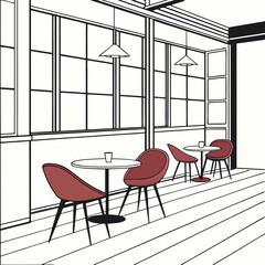 Modern minimalist cafe interior with red chairs and tables by large windows and wooden floor