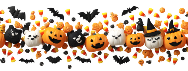 Spooky cute border design smiling pumpkins, candy corn, bats, and witches hats forming garland, isolated on white