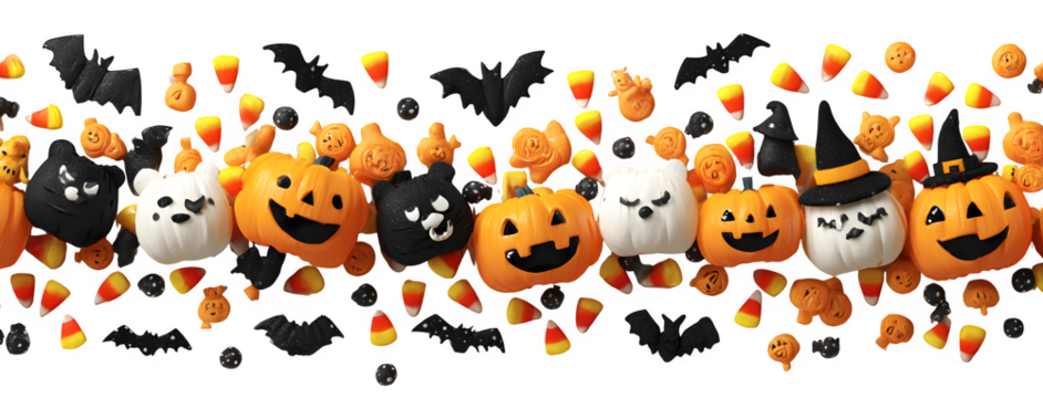 Spooky cute border design smiling pumpkins, candy corn, bats, and witches hats forming garland, isolated on white