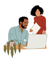 Young businessman and businesswoman working together on a laptop. Colored outline vector sketch, perfect for web design, business, teamwork, office, and corporate projects