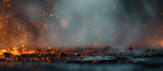 Ground level shot with embers and rising smoke against a blurred gray backdrop