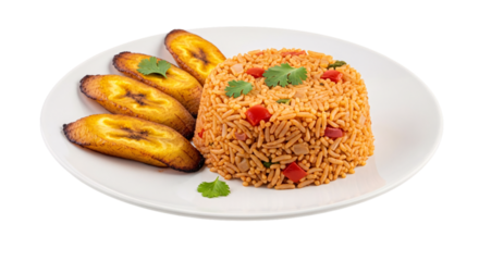 Jollof rice with fried plantain isolated on transparent background