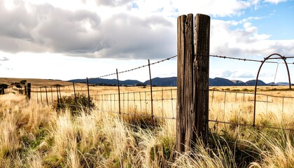 Fence in a grassy field under a cloudy sky