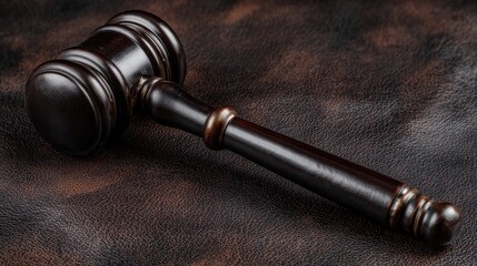 Elegant Black Gavel Set Against Rich Leather Backdrop, Top-Down Perspective on Legal Authority