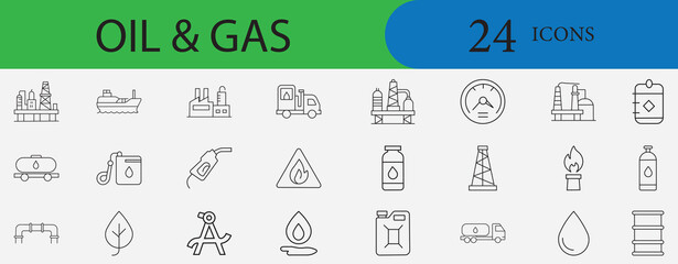 Oil and Gas icon set with petroleum, fuel, refinery, energy, drilling, pipeline, tanker, offshore rig, industry, storage, power, crude, diesel, gasoline
