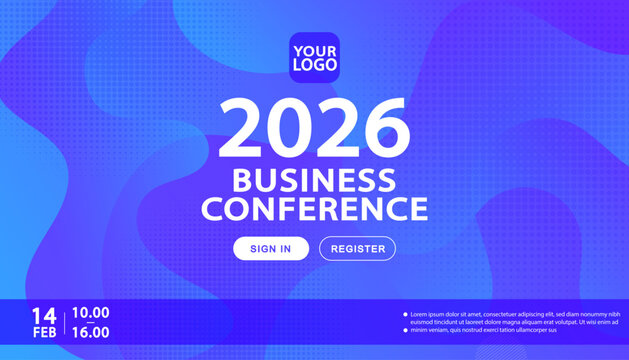 Business conference banner template for a 2026 event. Modern website landing page design with an abstract blue and purple fluid background. For corporate seminars, tech summits, or virtual events.