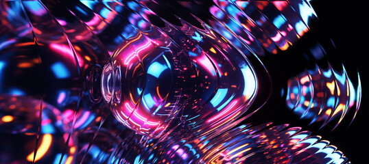 An intense abstract background featuring distorted, chrome-like spheres glowing with neon pink and blue light. This futuristic digital texture suggests liquid technology or virtual reality elements.
