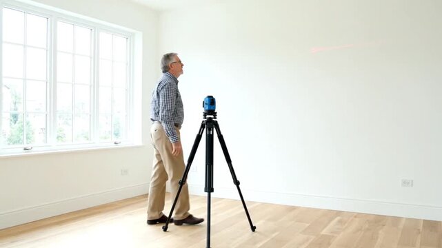 Mature man in glasses and plaid shirt adjusts a laser level device on a tripod in a bright modern room with large windows and hardwood floors