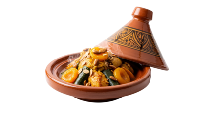 Moroccan tagine with dried fruit and nuts isolated on transparent background