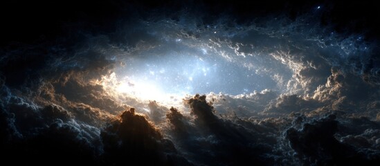 Swirling clouds frame a bright celestial sky, dark and light contrasting