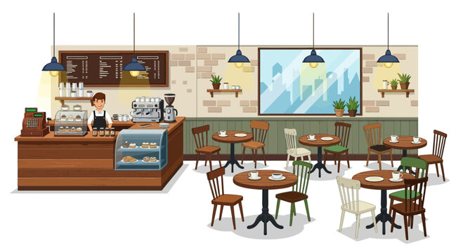 Cozy coffee shop interior with barista, tables and cityscape view