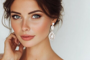 Elegant Bride Adorning Diamond Earrings: A Glamorous Close-up of a Beautiful Woman in Luxurious Wedding Jewelry