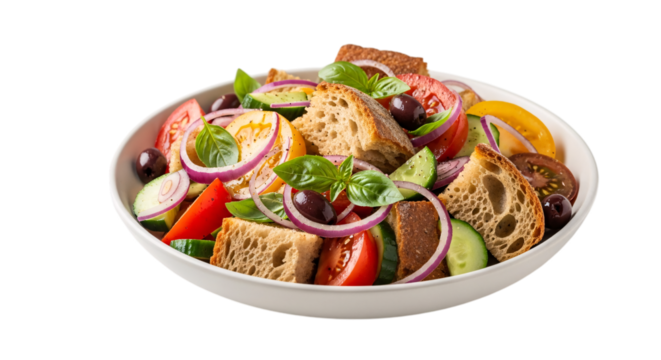 Fresh salad with tomatoes, cucumber, onion, bread, and basil isolated on transparent background