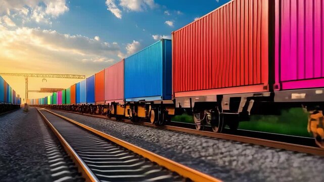 Row of multicolored shipping containers on a long freight train beside sunlit railway tracks at sunset.