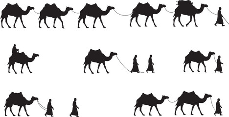 Silhouette caravan of camels walking in desert, travelers riding camels, camel caravan journey, traditional transport, desert travel, adventure tourism, nomadic lifestyle
