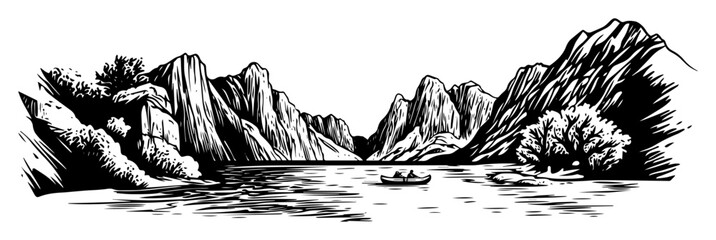 mountain river valley with canoe sketch © Kaz
