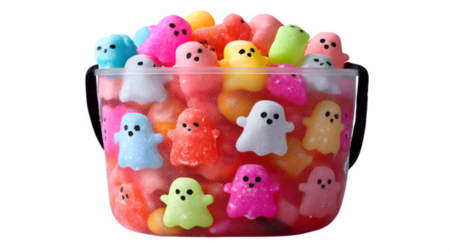 Transparent Halloween bucket with glowing ghost print, filled with neon-colored candies, isolated on white background