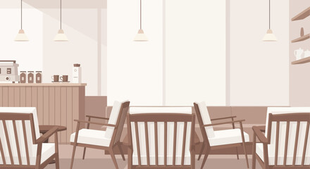 Cozy minimalist coffee shop interior with seating and counter service