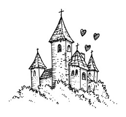 Obraz premium romantic church with hearts hand drawn