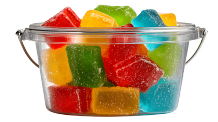 Transparent ghost bucket filled with colorful candy bars and gummies, isolated on white background