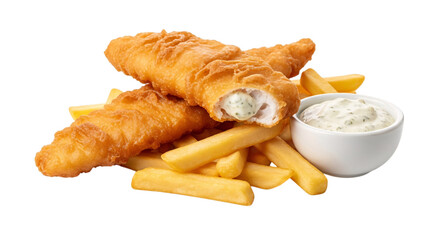 Fish and chips with tartar sauce isolated on transparent background