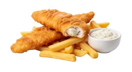 Fish and chips with tartar sauce isolated on transparent background