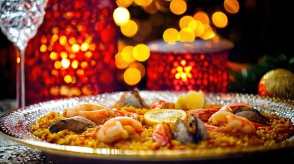 Naklejka premium paella. Golden-edged paella on porcelain, saffron rice and seafood arranged with artistic precision. inspires cooking, menu design, designed for food delivery and cloud-kitchen brand materials.