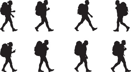 Silhouette hikers walking with backpacks, trekking poles, outdoor mountain adventure, hiking exploration, wilderness journey, camping travel, climbing challenge, backpacking lifestyle, fitness nature