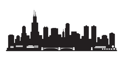 Horizontal banner featuring the Chicago city skyline. A black and white silhouette of Chicago, USA. Vector template for your creative projects.