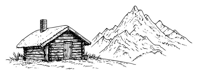 log cabin with mountain sketch illustration