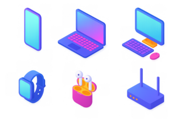 Isometric gradient icons of modern tech gadgets: smartphone, laptop, smartwatch, earbuds, router