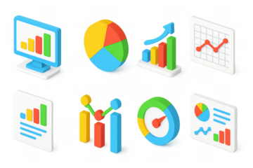 Isometric data icons: colorful charts and graphs for business analysis