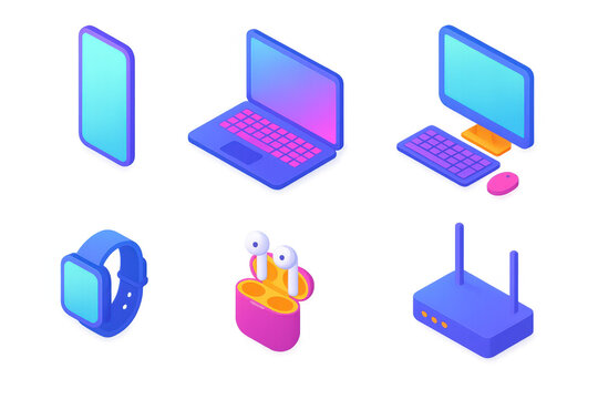 Isometric gradient icons of modern tech gadgets: smartphone, laptop, smartwatch, earbuds, router