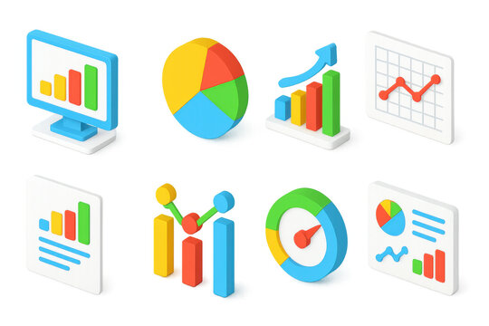 Isometric data icons: colorful charts and graphs for business analysis